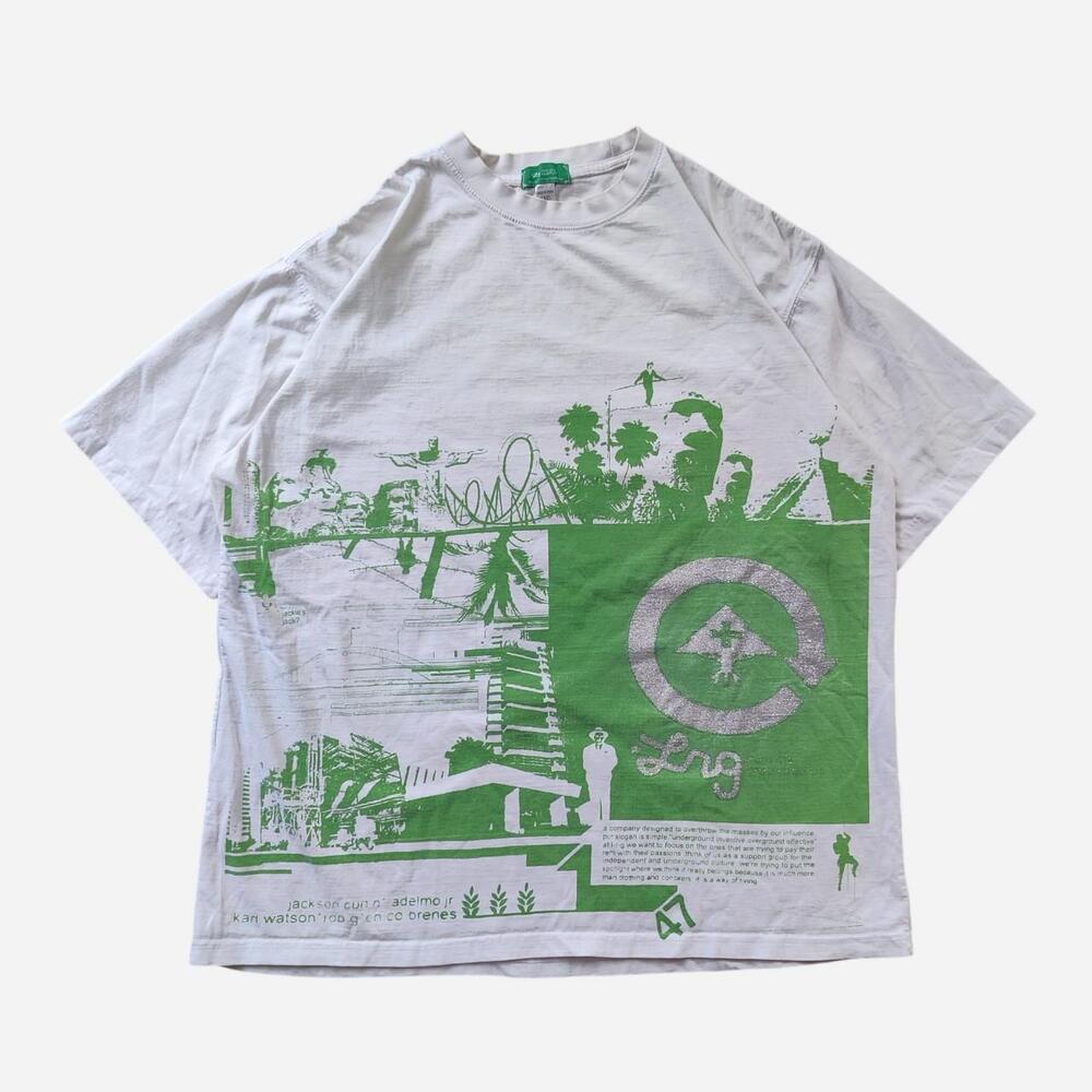Y2K LRG Tee with green graphic of a cityscape with a circular logo
